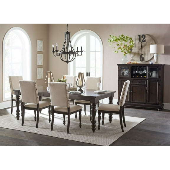 7pcs Dining Set Rectangle Table 6 Chairs Grayish Brown Finish Fabric Upholstered Chairs Casual Transitional Dining Room