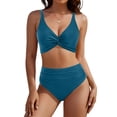 thumbnail image 2 of Women Two Piece Swimsuits High Waisted Bikini Set Tummy Control Bathing Suits Knot Twist Swimwear Blue L, 2 of 4