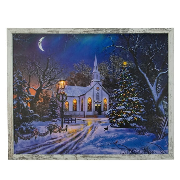 19" White Distressed Frame LED Lighted Church Christmas Wall Canvas