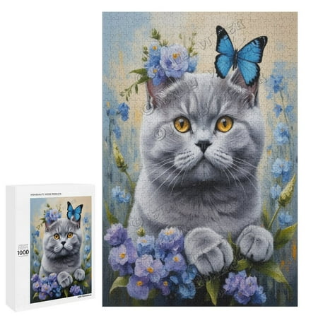 British Shorthair Cat With Flower Oil Painting 1000-Piece Jigsaw Puzzle - A Fun Challenge for Adults Who Love Cats Wooden