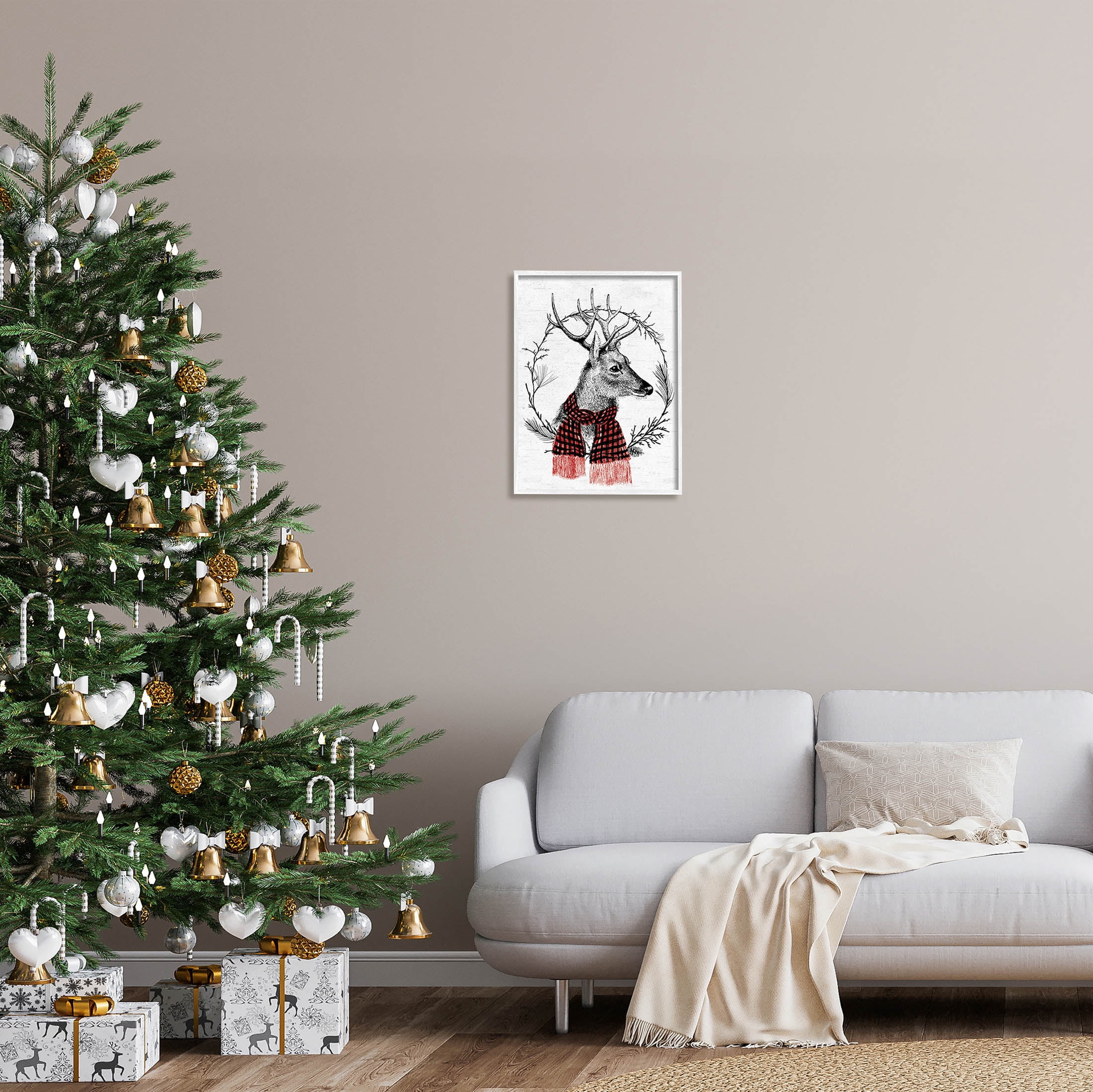 Stupell Industries Deer Winter Botanical Wreath Graphic Art White Framed Art Print Wall Art, Design by Lettered and Lined