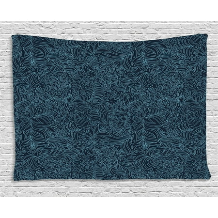Navy and Teal Tapestry, Abstract Artistic Flourish Nature Inspired Pattern Leaves Blossoms, Wall Hanging for Bedroom Living Room Dorm Decor, 60W X 40L Inches, Dark Blue Turquoise, by Ambesonne