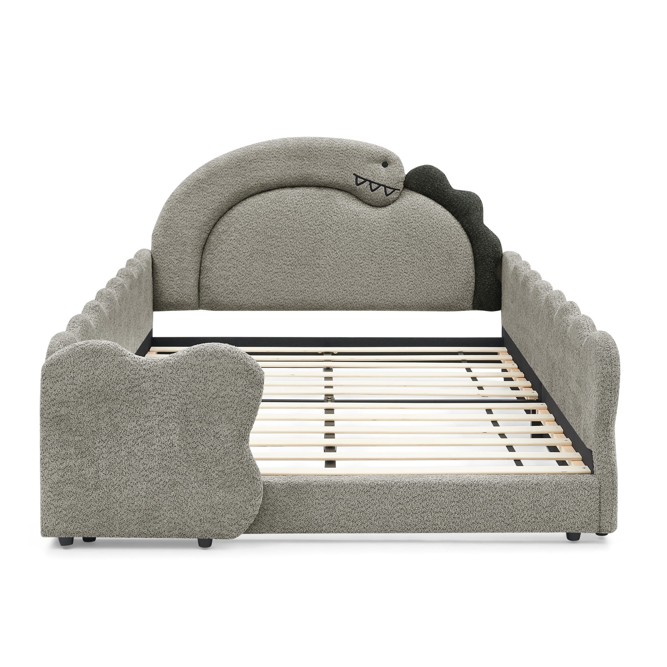 GDF Studio Full Size Cute Dinosaur Bed with Safety Guardrails & Solid Wood Frame, Boucle Fabric Upholstered Bed, Grey