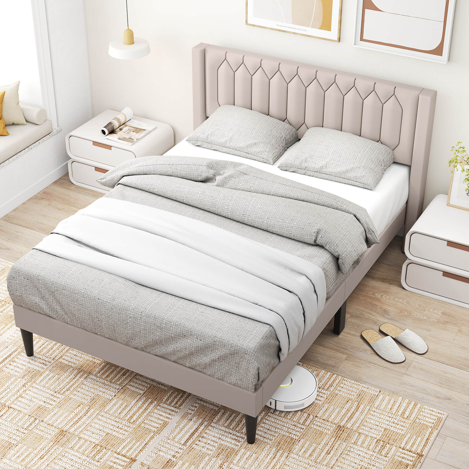 Infans Queen Size Bed Frame Dutch Velvet Upholstered Platform Bed w/Wingback Headboard