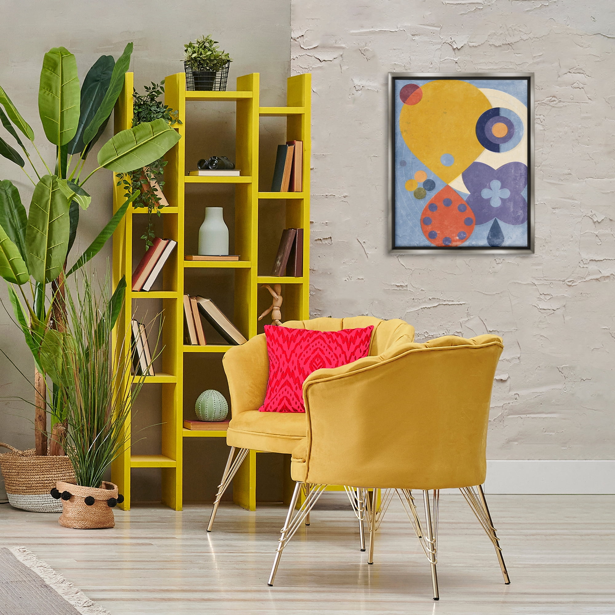 Stupell Industries Blue & Yellow Retro Abstract Painting Gray Floater Framed Canvas Art Print Wall Art, 17 x 21