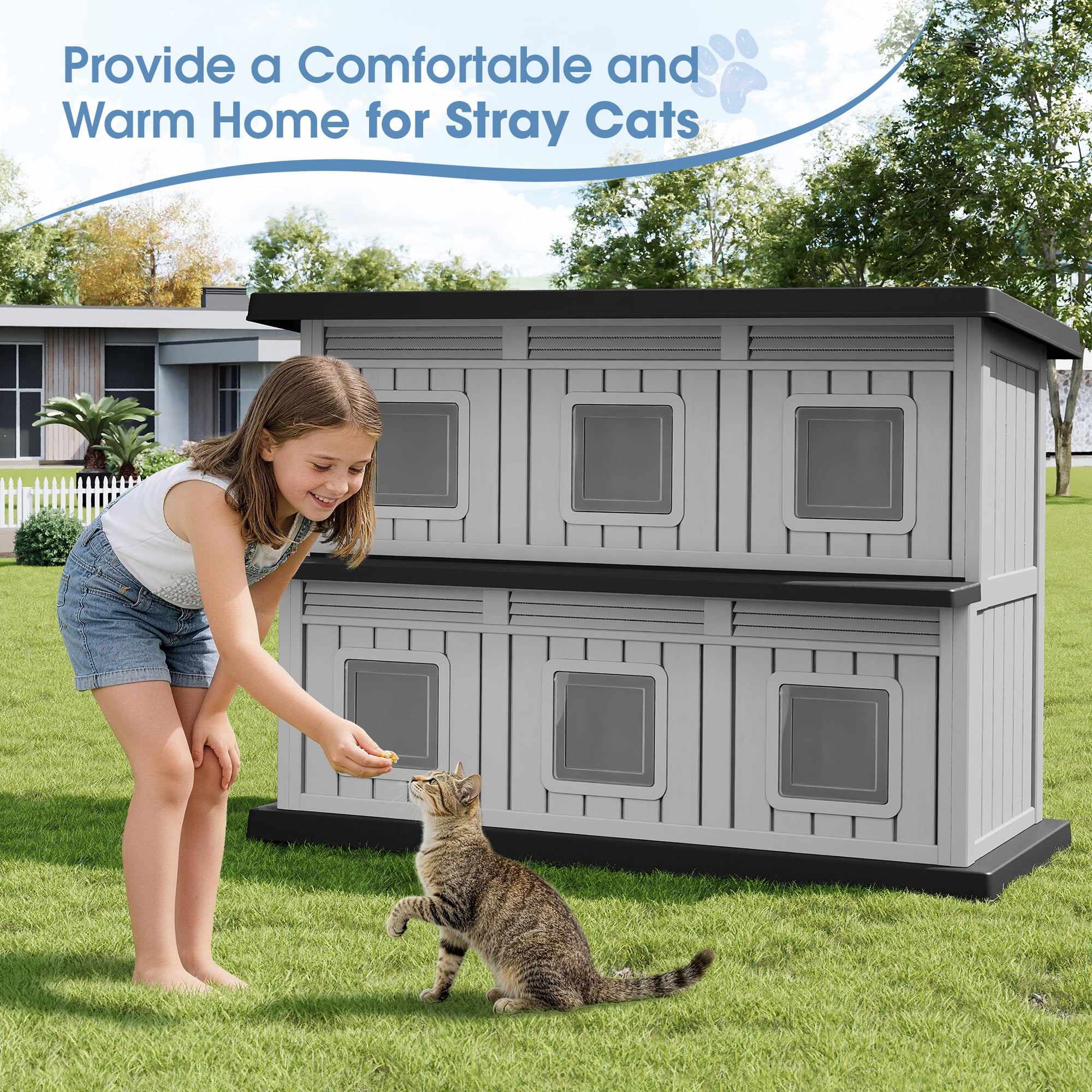 Bifanuo Outdoor Cat House,Double-Decker Resin Cat House,Weatherproof UV Protection Cat Shelter for Feral Cats,Assemble Easily for Home & Yard,Black&Gray