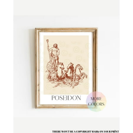 Poseidon Art, God Neptune, Greek Gods Poster, Greek Mythology Decor, 12 Olympians, Roman Gods, Hippocampus Poster, Mythological Creatures Wall Art, Modern Wall Decor, 12x18 UNFRAMED