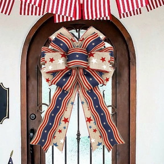 sruoe 4th of July Large Bow, 17.8 Inch Patriotic Door Bow, Vintage Bow Decor, Red White Blue Wired Ribbon Swag Bow for Independence Day Wreath Front Door Porch Column Decor