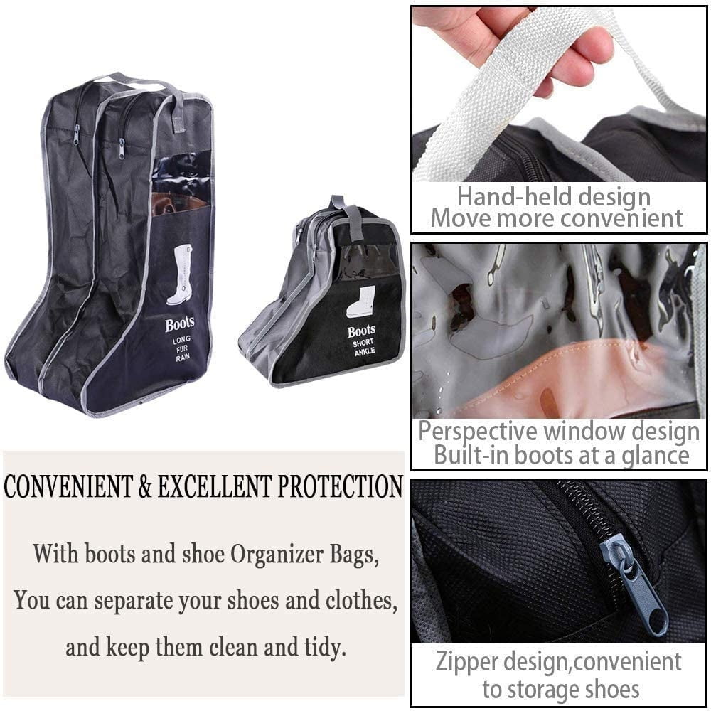 Kepooman 2 Pieces Portable Waterproof Boots Shoe Bag Travel Organizer, Zippered Tall Boot Dust Cover Protector Bag with Handle, Black, B