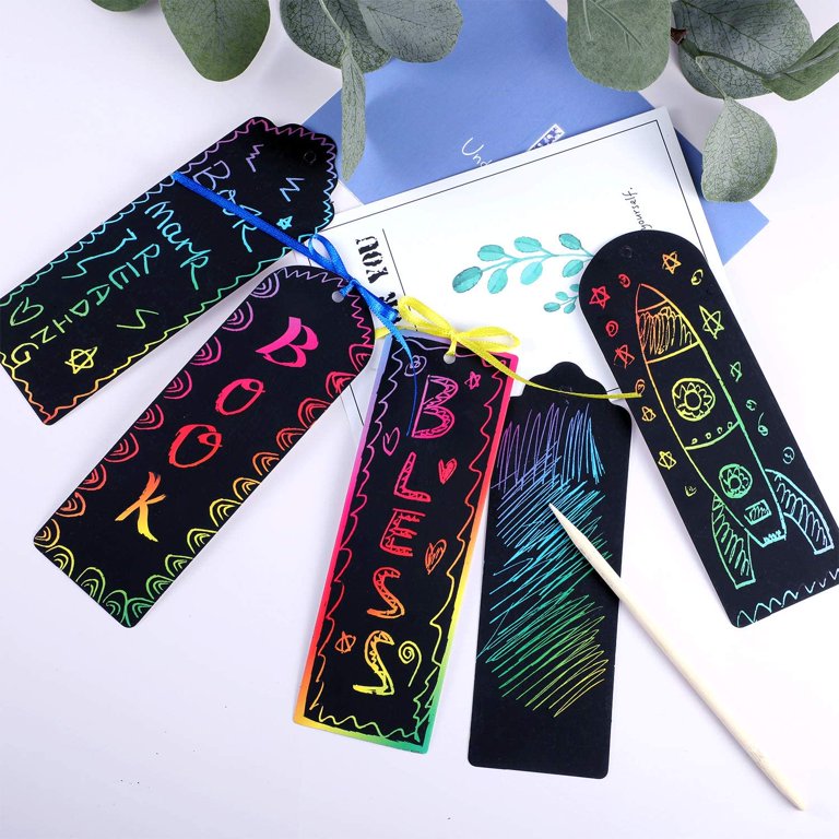 96 Pcs Animal Scratch Bookmarks Rainbow Colored Scratch Paper DIY Bookmark  Crafts for Kids with 96 Colorful Ropes 24 Wood Stylus and 4 Drawing