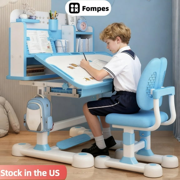 Fompes Kids Desk and Chair Set Height Adjustable Child's School Study Writing Tables Kids Tiltable Desk with Sitting Corrector Bookstand Storage Drawer Foot Pedal for Boys and Girls - Blue