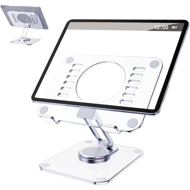Support pour Tablette Ajustable, Support iPad en Acrylique avec Base Rotative à 360°, Support de Bureau Pliable Compatible