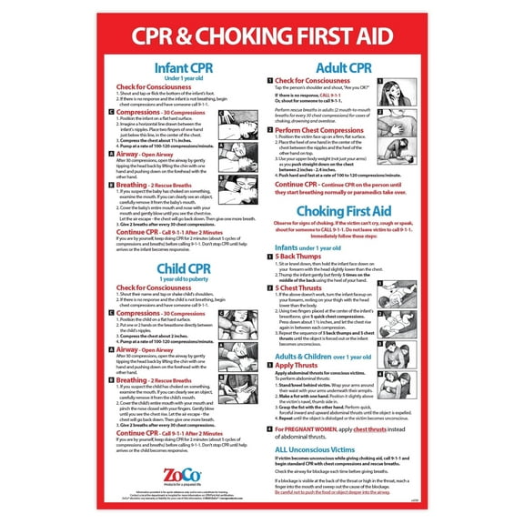 ZoCo Products: CPR & Choking First Aid Poster - Laminated, 12 x 18 in.