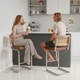 thumbnail image 3 of Hawsaiy Rattan Bar Stools Set of 2, 26" Counter Height Bar Stools with Solid Wood & Cane Back, Upholstered PU Leather Kitchen Island Stools with Chrome Metal Legs & Footrest, Brown, 3 of 6