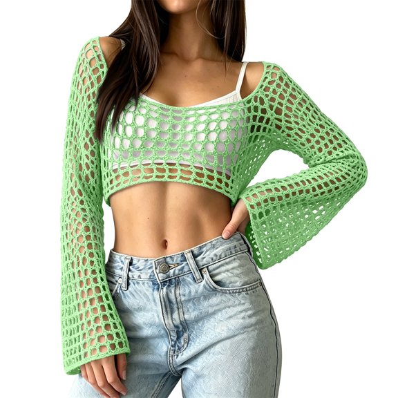 Women's Cropped Knit Shrug Top Lightweight Bell Sleeve Summer Cover-Up, Soft Breathable Cropped Cardigan Shrug for Casual & Beach, Cropped Shrug Women