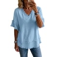 thumbnail image 6 of Womens Tops Summer Casual Fringe Distressed V Neck Shirts Short Sleeve Fringe Cotton Linen Blouses Edge Hem Sky Blue M, 6 of 6