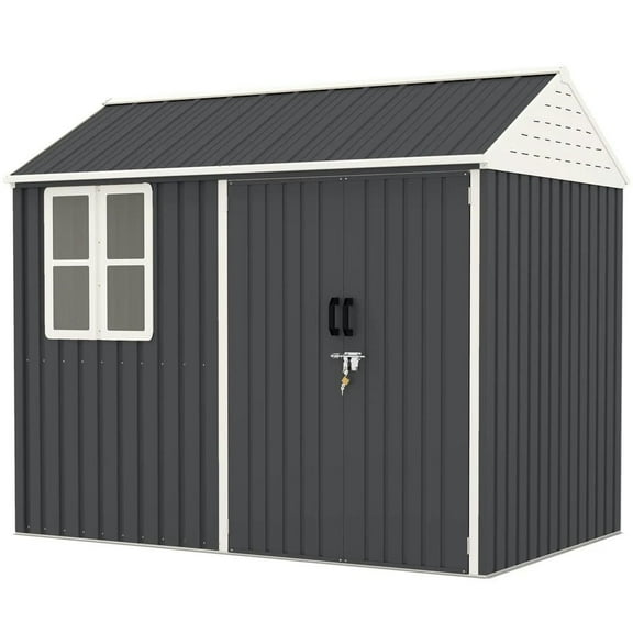 Yardi Yarda 8' x 6' Metal Garden Storage Shed, Extra Large Tool Storage House w/ Doors, Window and Air Vents for Outdoor, Dark Gray