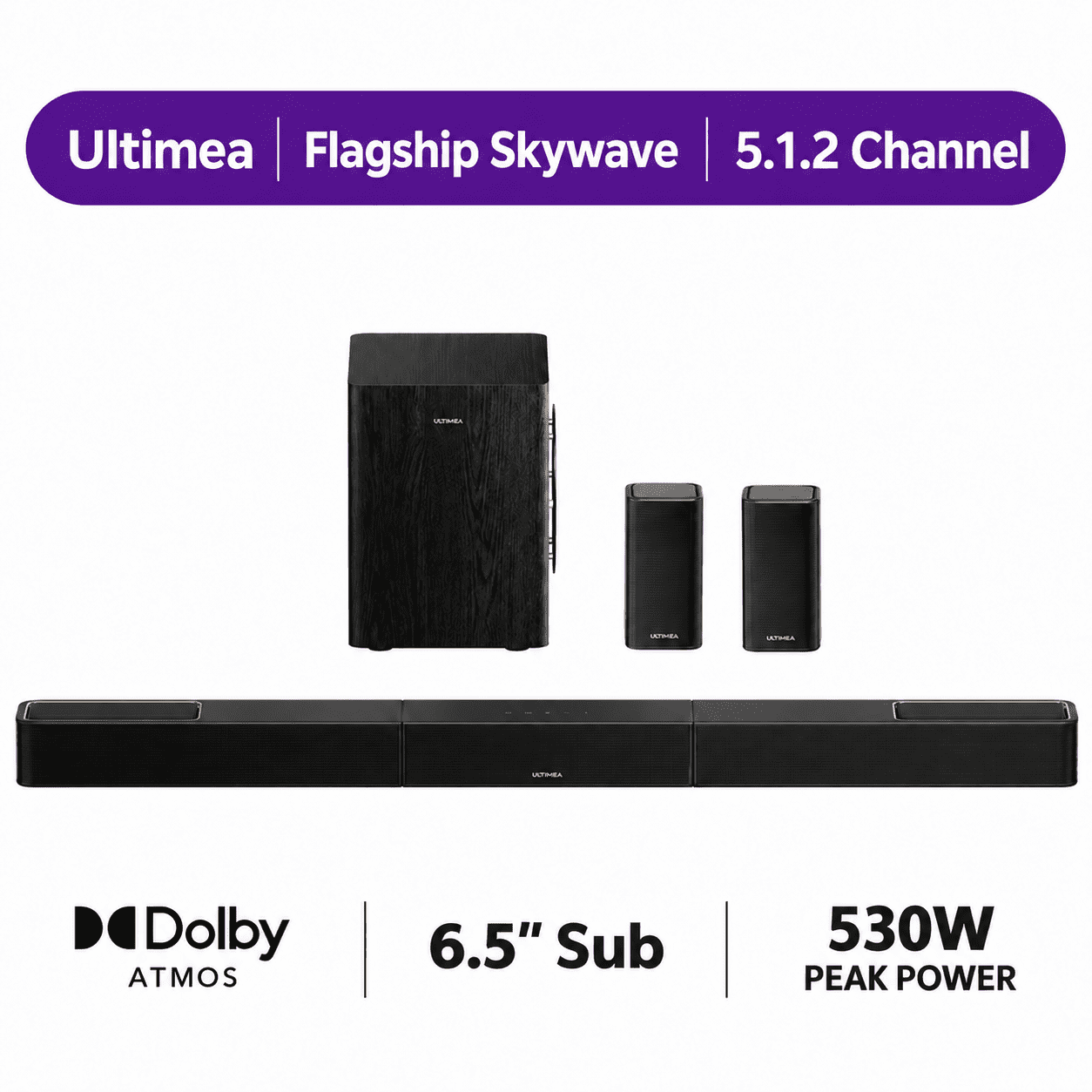 ULTIMEA 5.1.2ch Sound Bar with Dolby Atmos, Surround Sound System for TV with 2 Surround Speakers, Sound Bar for Smart TV, Soundbar with Subwoofer for Home Theater, BT 5.4, HDMI eARC, Skywave Series