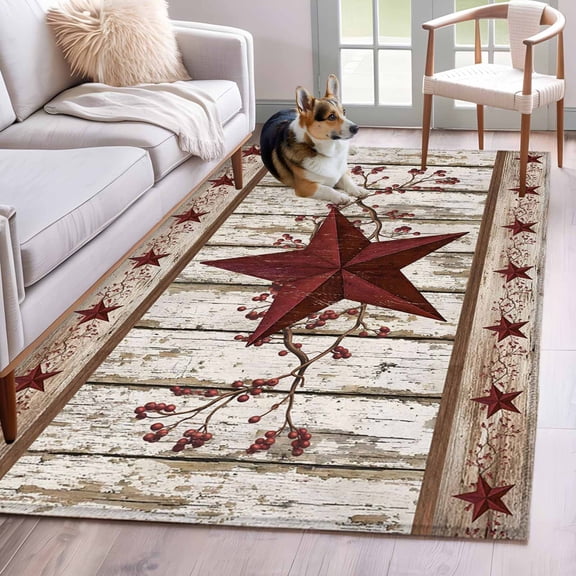 Red Texas Star Vintage Area Rugs 2.7'x5', Washable Small Throw Rugs for Kitchen Bedroom, Farmhouse Berry Grey Wooden Indoor Outdoor Rug Non-Slip Low Pile Carpet Runner Reversible Floor Mats