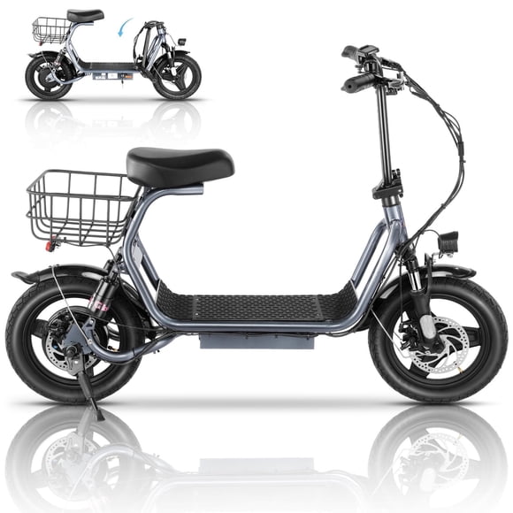 Toytexx Adult Electric Scooter with Seat, 750W Brushless Motor, 14-Inch Pneumatic Tires, Front and Rear Disc Brakes, LCD Display, LED Lights, Rear Basket, Foldable Design