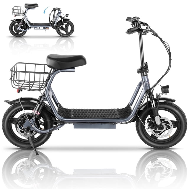 Toytexx Adult Electric Scooter with Seat, 750W Brushless Motor, 14-Inch Pneumatic Tires, Front and Rear Disc Brakes, LCD Display, LED Lights, Rear Basket, Foldable Design