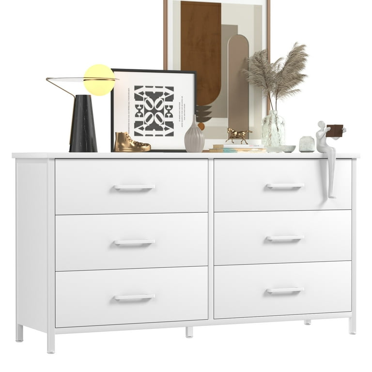 IKENO 6 Drawer White Dresser Industrial Wood Dresser for Bedroom Sturdy Steel Frame