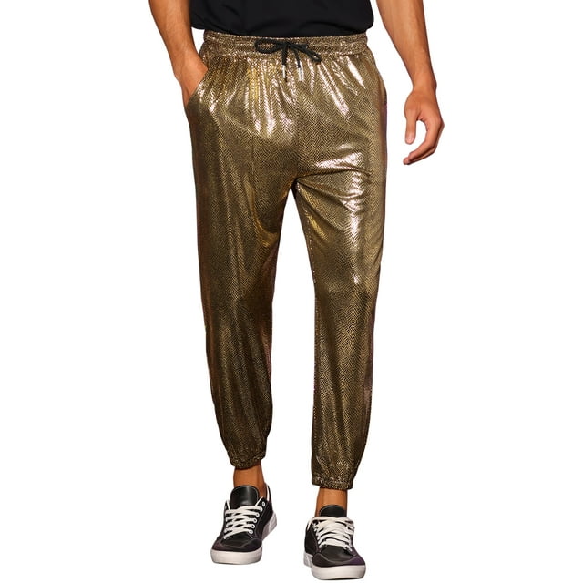 Pantalones Brillantes INSPIRE CHIC para Hombre con Cintura Ajustable, Joggers Metálicos Brillantes Dorados 28