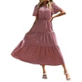 thumbnail image 1 of VISgogo Vestido largo para mujer, cuello redondo, manga corta, cintura elástica, estampado floral, estilo bohemio, vestidos casuales VISgogo moda, 1 of 6