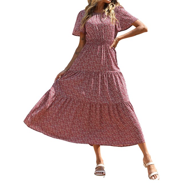 VISgogo Vestido largo para mujer, cuello redondo, manga corta, cintura elástica, estampado floral, estilo bohemio, vestidos casuales VISgogo moda