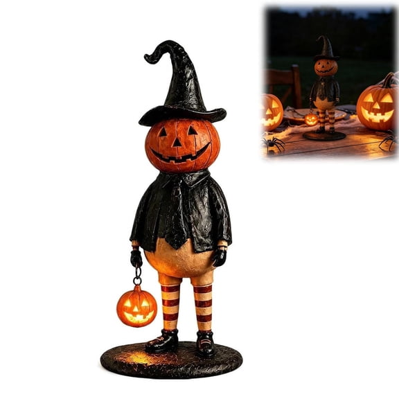 Halloween Pumpkin Head Figurine with Lighted Handheld Pumpkin Lantern, Vintage Witch Gentleman Tabletop Decor, Light Up Lantern Statue