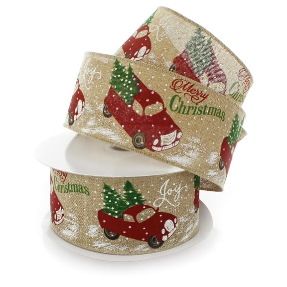 Ribbon Traditions Holiday Red Truck Natural Wired Ribbon 2 1/2" by 10 Yards