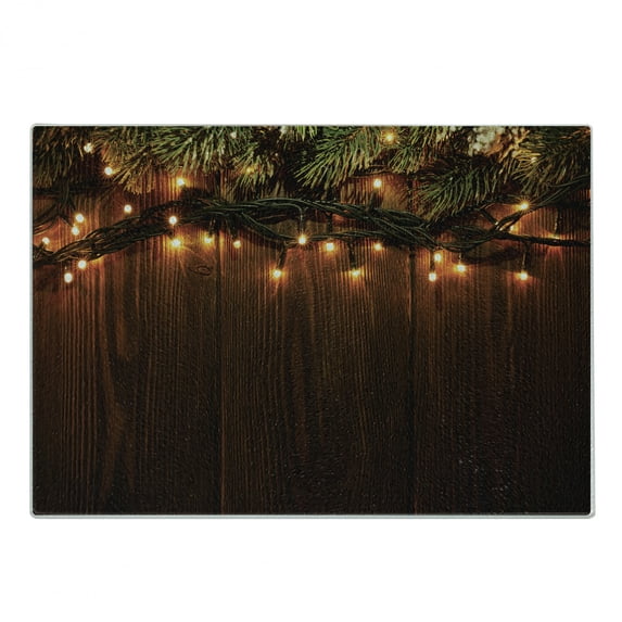 Christmas Cutting Board, Xmas Branch with Country Festivity Synergy Surprise Celebration Theme Print, Decorative Tempered Glass Cutting and Serving Board, Small Size, Brown Green, by Ambesonne