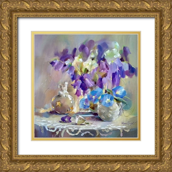 Zareckaye, Tatiana 12x12 Gold Ornate Wood Framed with Double Matting Museum Art Print Titled - Blue and Purple Bouquet