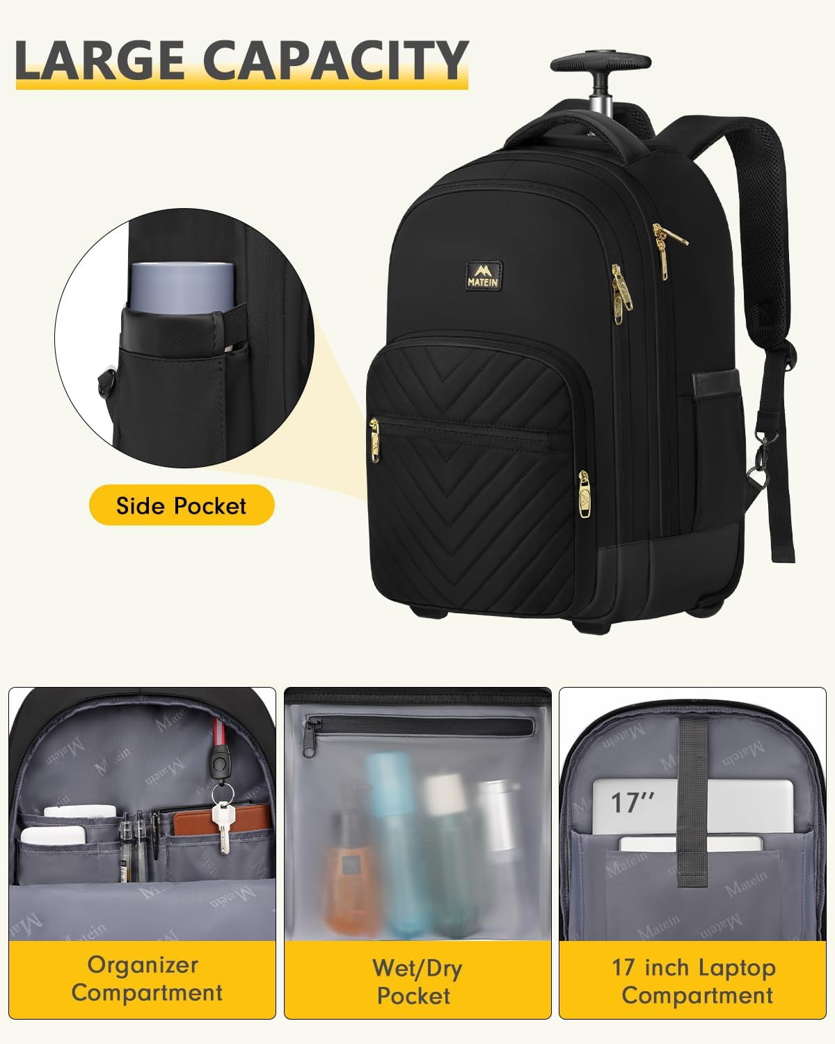 Matein Wheeled Backpack for Women - 17" Waterproof Laptop Bag, Business Travel Carry-On (Black)