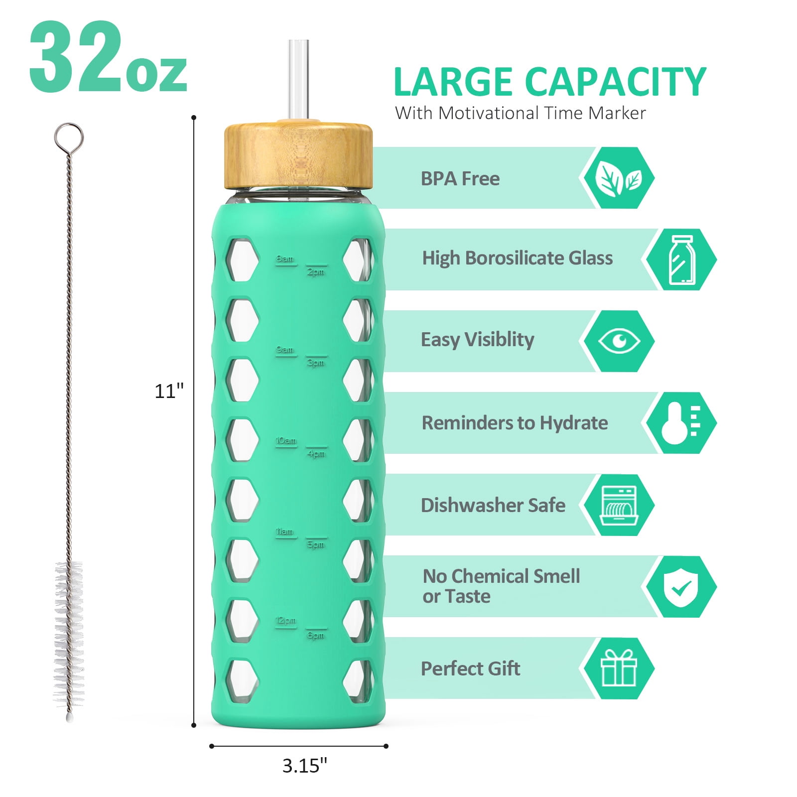 MUKOKO 32oz Glass Water Bottles, Motivational Water Tumbler with 2 Lids-Handle Spout Lid&Bamboo Straw Lid, Time Marker Reminder and Silicone Sleeve, Green