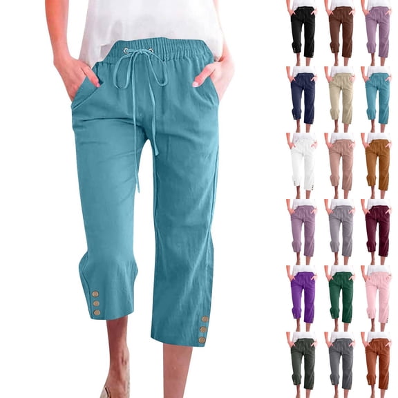 Petite Capris for Women with Pockets Linen Plus Size Petite Summer 2026 Casual Straight Wide Leg Loose Drawstring Elastic Waist Blue M
