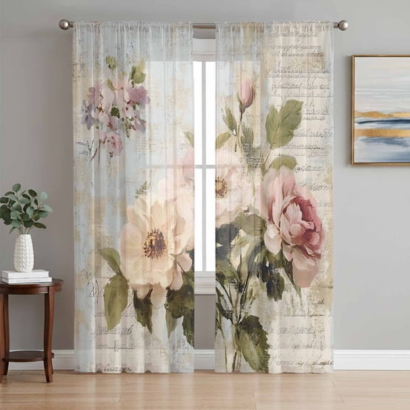 Vintage Pink Floral Sheer Curtains 96 Inch Length 2 Panels Set, Spring Botanical Oil Painting Voile Window Treatment Semi Sheer Long Curtains Drapes for Bedroom/Living Room/Kitchen 52"x96"x2