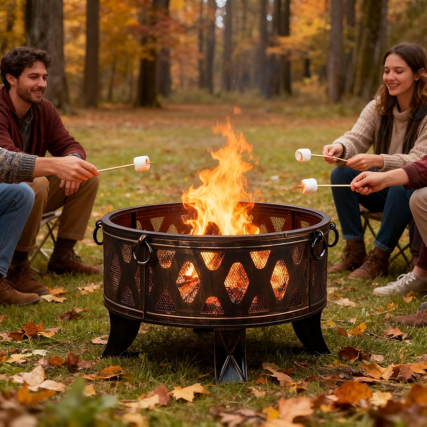 Breezz 26 Inch Wood Burning Fire Pit with Cooking Grill and Spark Screen, Outdoor Metal Round Firepit for Patio, Backyard, Bonfire Party, Camping and Garden