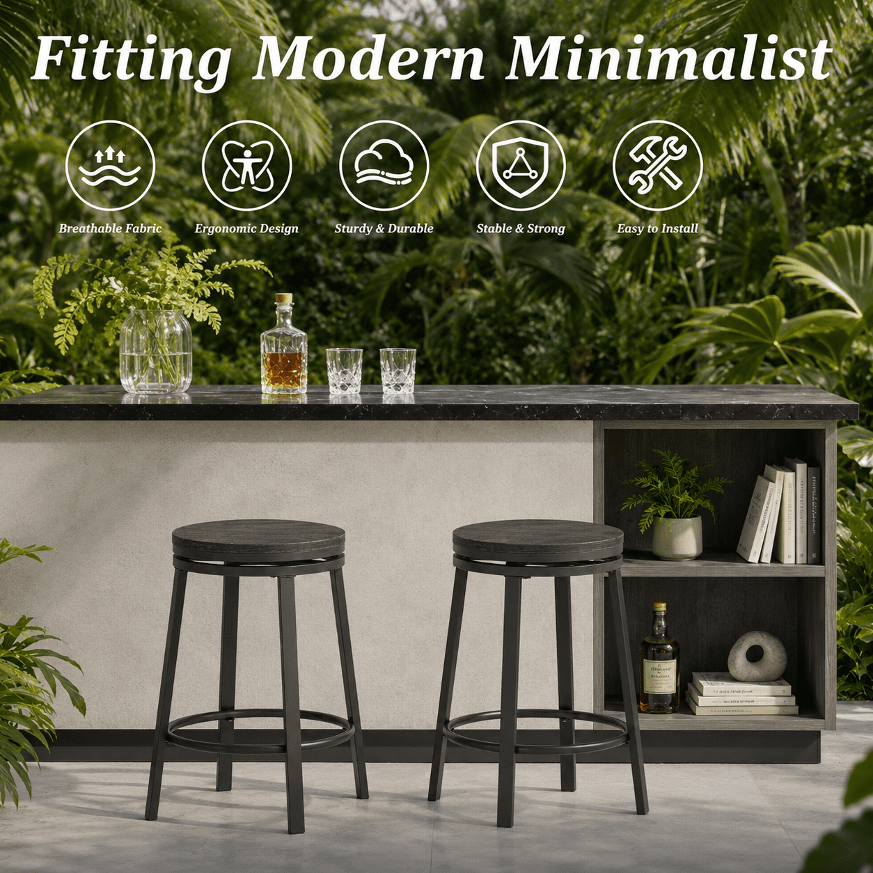 MOONMISS 360° Degree Swivel Bar Stool - Counter Height Metal Frame Stool for Kitchen Island, Home Bar &Cafe(Setof 2),Black