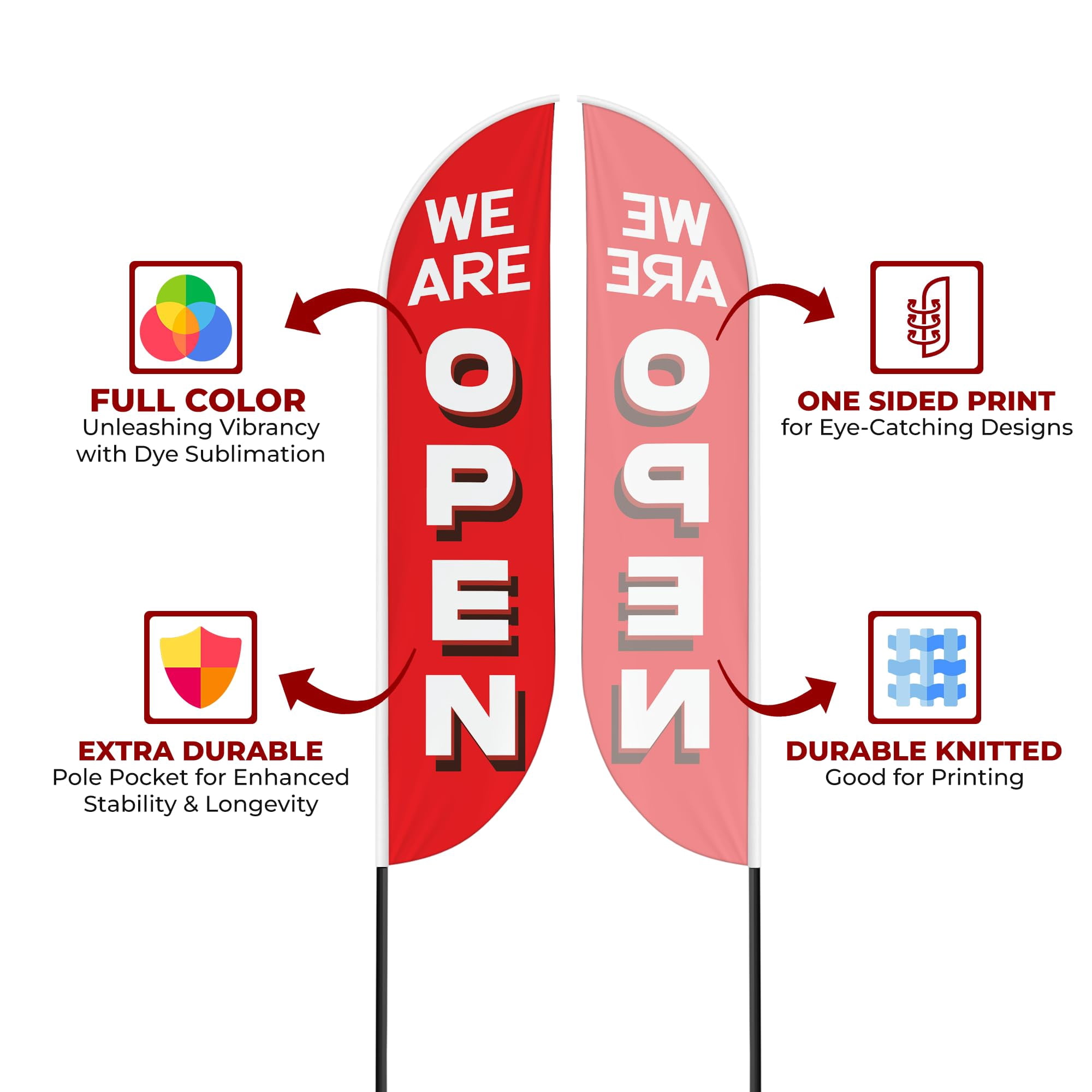 We Are Open Sign Feather flag Pole Mount for Outdoor by Mavis Print | 15 FEET Long Polyester Outdoor Banner Flag Pole Kit for Easy Hang | HD Print Swooper Flag Pole Stand for Business Advertisin
