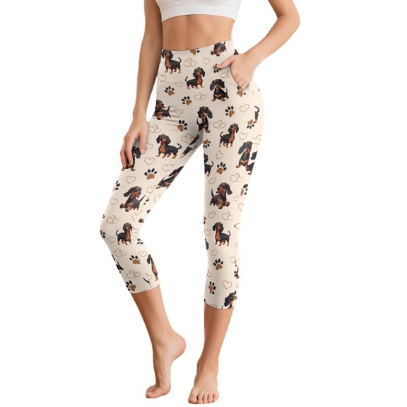 SCRAWLGOD Dachshund Heart Paw Beige Comfy Capri Leggings for Women High Waisted Capri Leggings with Pockets for Women Stretch Tummy Control Yoga Pants for Athletic Running, XS