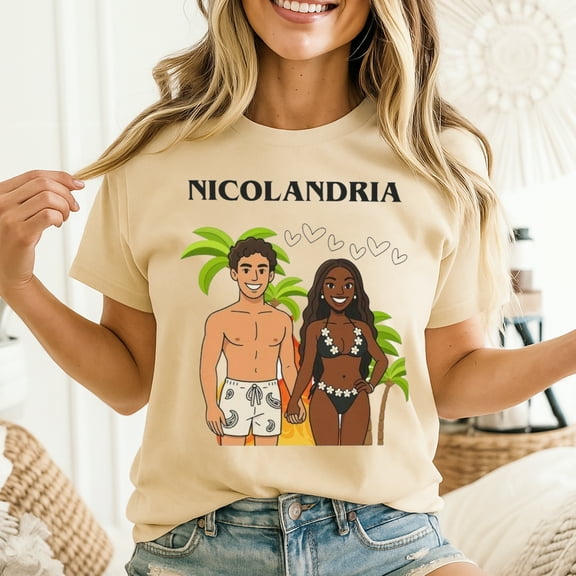 Unisex Nicolandria Couple Cartoon Art Love Island USA 2025 Graphic T-Shirt, Sizes S-5XL, Tbun Men's And Women's Graphic Tee 100% Cotton by TBun, Full Sizes S-5XL