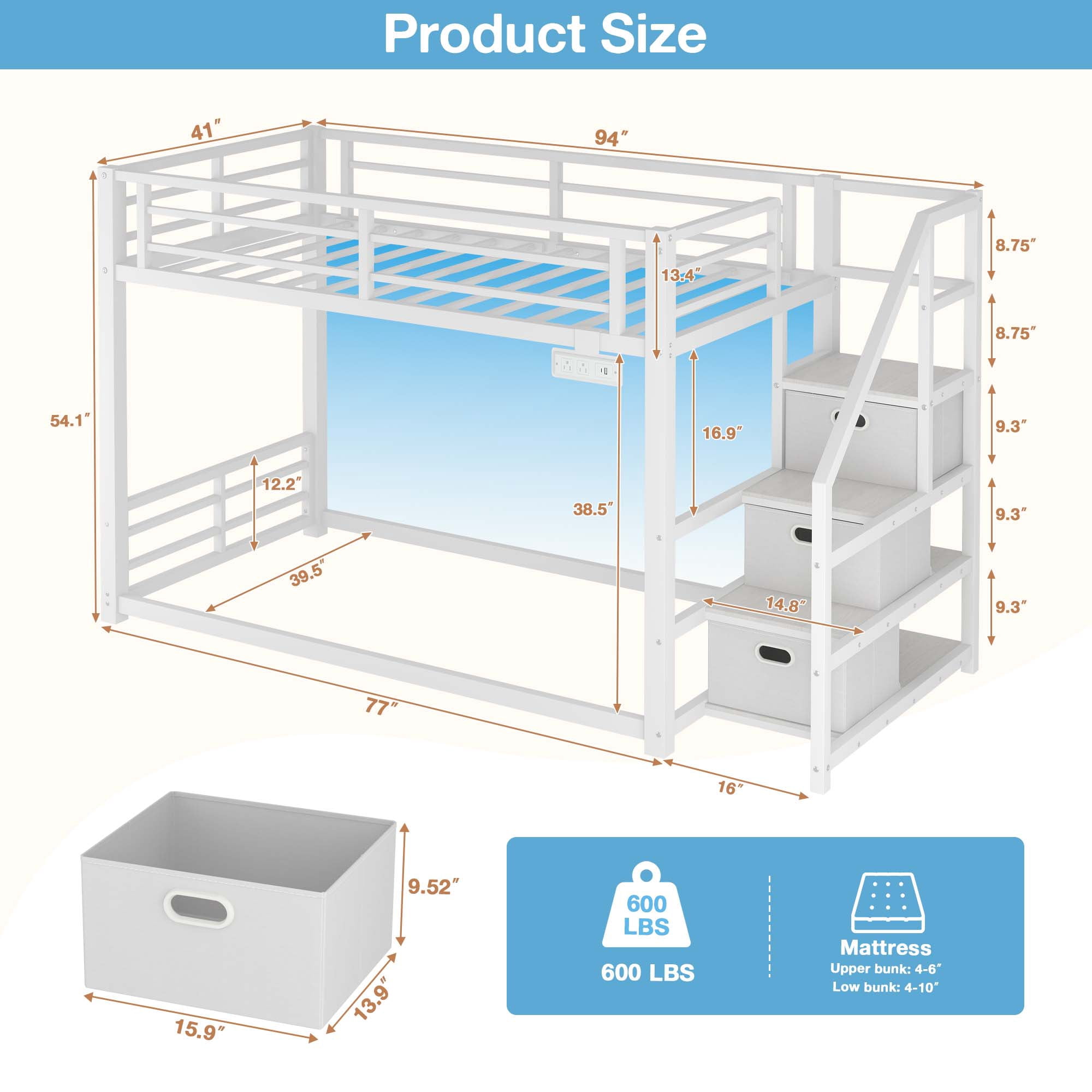 Twin Over Twin Bunk Bed with Storage Stairs, Movable Charging Station and LED Lights, White