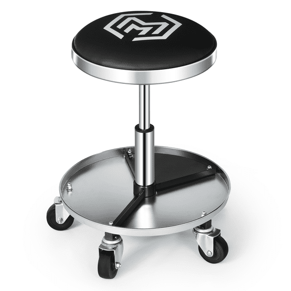 M-AUTO Heavy-Duty Adjustable Mechanic's Roller Seat Rolling Stool with Wheels & Tool Tray, 300 lbs Capacity - Black