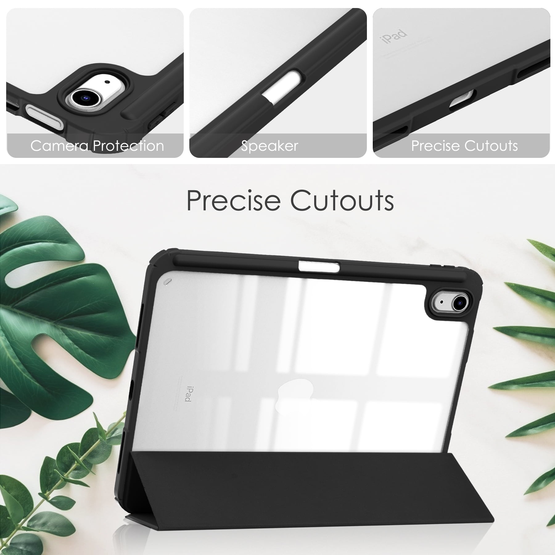 Allytech iPad 10th Generation Case with Pencil Holder, Transparent Clear Back Shell Trifold Stand Auto Sleep Wake Shockproof Drop Protective Case Cover for Apple iPad 10th Gen 2022-Black