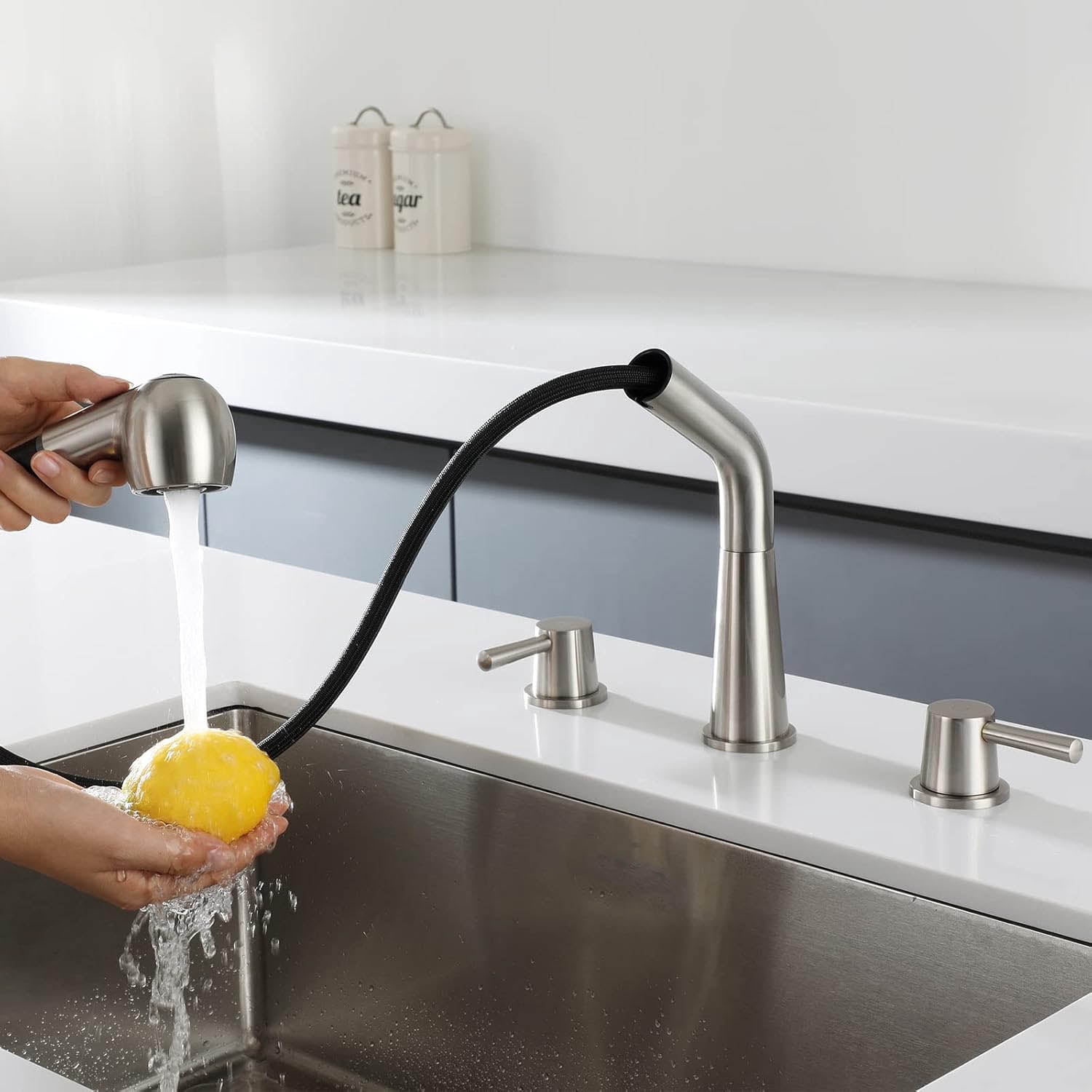 Kitchen Faucet, 2 Handles Sink Faucet, 3 Holes Sink Faucet, Pull Out Faucet, Bar Faucet, Brushed Nickel, Stainless Steel