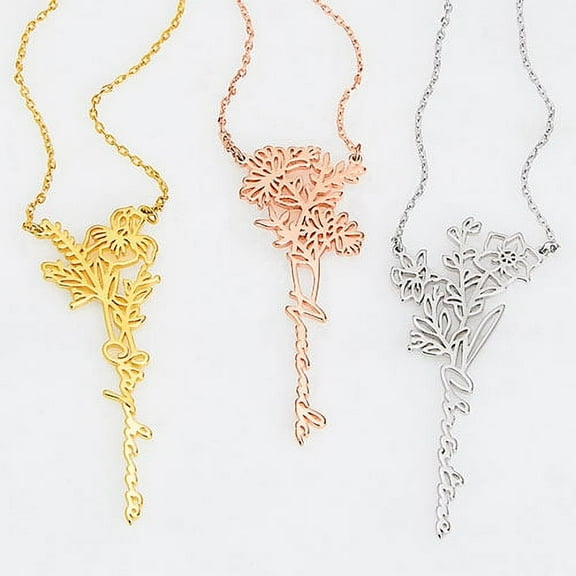 Personalized Planet Women's Sterling Silver Vertical Script Name with Birthmonth Flower Necklace