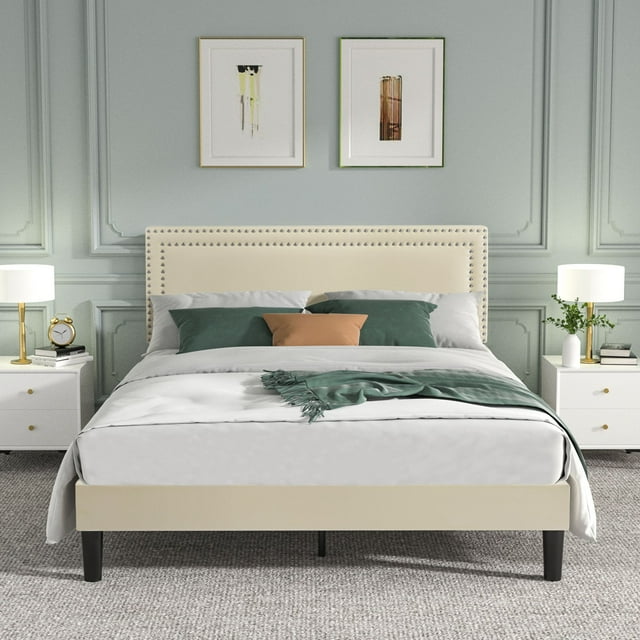 VECELO Twin/Full/Queen Bed Frame with Adjustable Height Upholstered Headboard, Strong Wood Slat Support, No Box Spring Needed, Beige