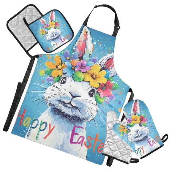 Happy Easter Cartoon Rabbit with Garland Apron Set with Oven Mitts Pot Holders Set of 5 Kitchen Stuff Accessories