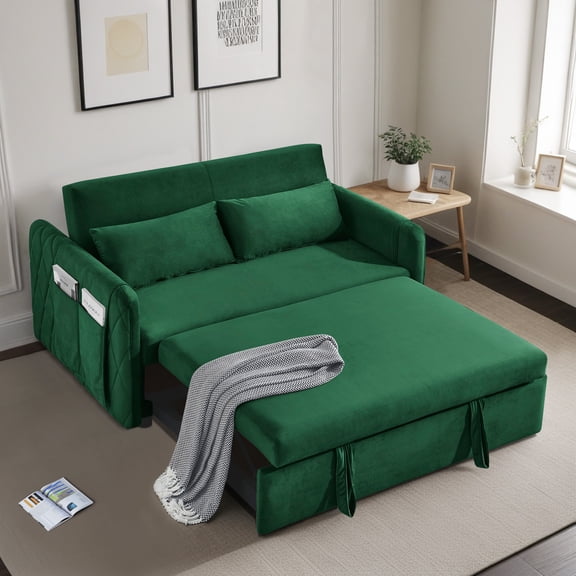 Muumblus Convertible Loveseat Sleeper for Living Room, Modern Upholstered Futon Sofa Bed in Green